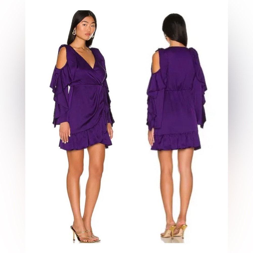 AMUR Mona Violet Ruffle Cold-Shoulder Faux Wrap Mini Dress NWT